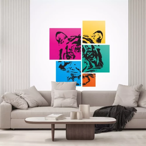 Sticker  Tête de tigre en carrés de couleur