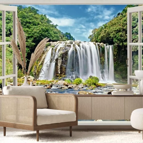 Papier peint  Cascade dans une forêt tropicale vue depuis une fenêtre