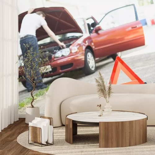 Sticker  Triangle avec voiture tombe en panne en arrière-plan