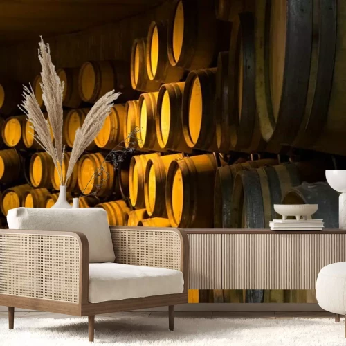 Papier peint  Des tonneaux en bois dans une cave