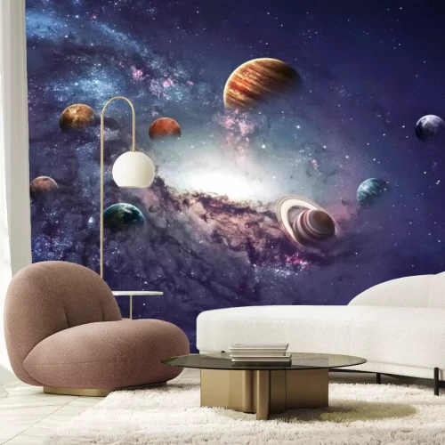 Papier peint  Planètes et galaxie sur fond d'étoiles et ciel violet