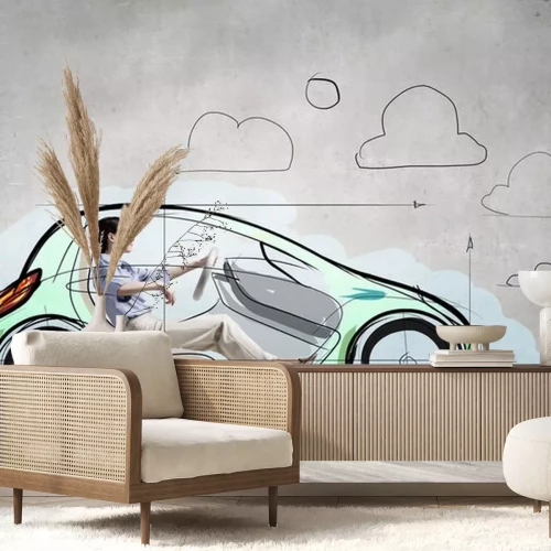 Sticker  Femme, dessiné, voiture