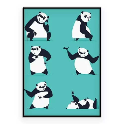 Poster  Ensemble de panda dans diverses poses. Assis, rêver, penser, montrer, mentir, inviter, tourner. Chaque Panda est dans une couche séparée.