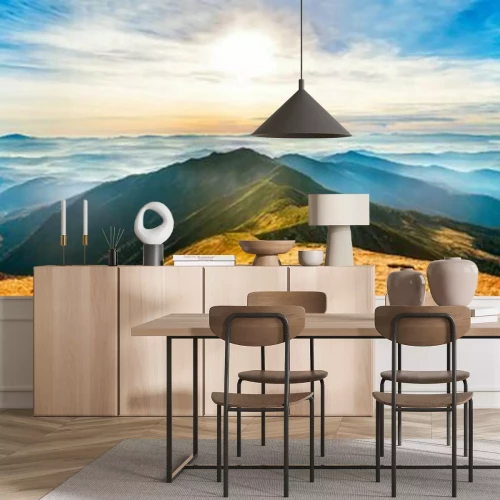 Papier peint  Montagne, paysage, Coucher soleil