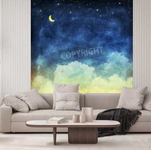 Papier peint  Nuages et lune dessinés avec des étoiles