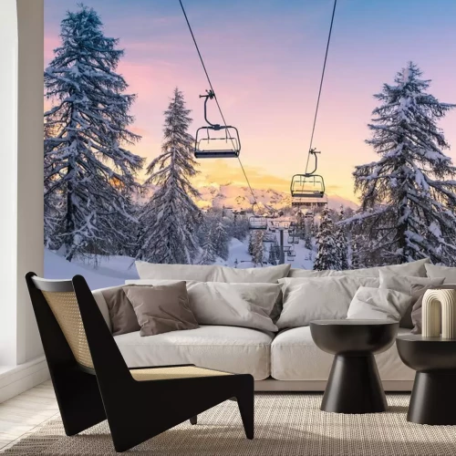 Sticker  Hiver, montagnes, panorama, ski, pentes, téléskis