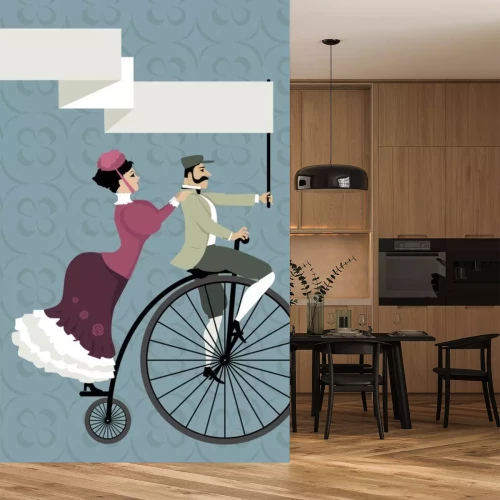 Sticker  Victorien, âge, couple, équitation, penny-farthing, bicyclette, tenue, vide, bannière ...