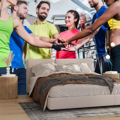 Sticker  Les femmes et les hommes sont motivés pour marcher et courir et empiler les mains