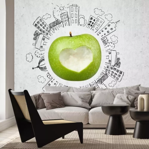 Sticker  Pomme verte entourée de bâtiments