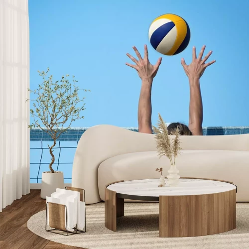 Sticker  Joueur de volley-ball de plage saute sur le net et tente de bloquer la balle