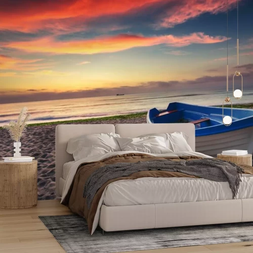 Papier peint  Bateau sur la plage et lever du soleil