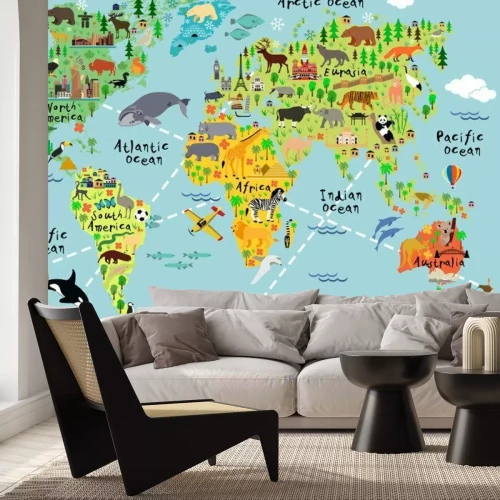 Papier peint  Carte du monde avec des animaux façon dessin animé