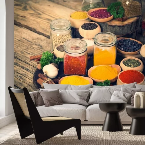 Sticker  Épices et herbes sur la table en bois