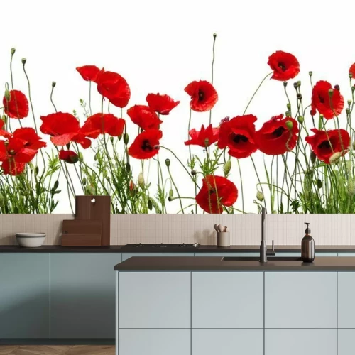 Papier peint  Coquelicots rouges sur fond blanc avec brins verts