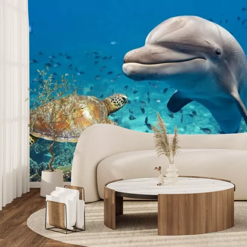 Papier peint  Tortue et dauphin sous l'eau