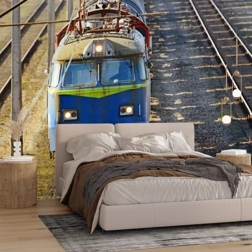 Papier peint  Train bleu sur les rails
