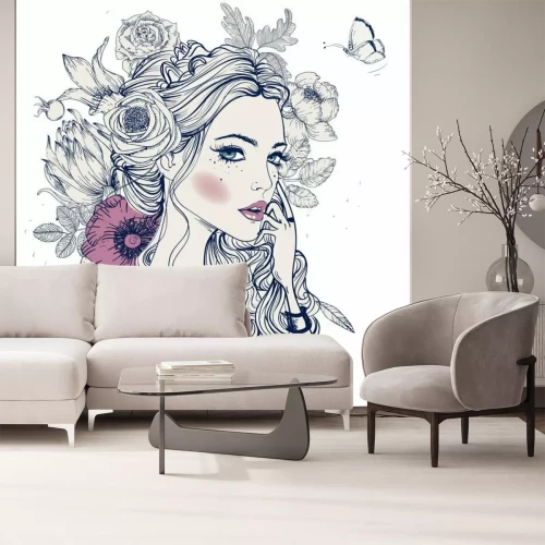 Papier peint  Femme avec des fleurs dans les cheveux et un papillon dessiné