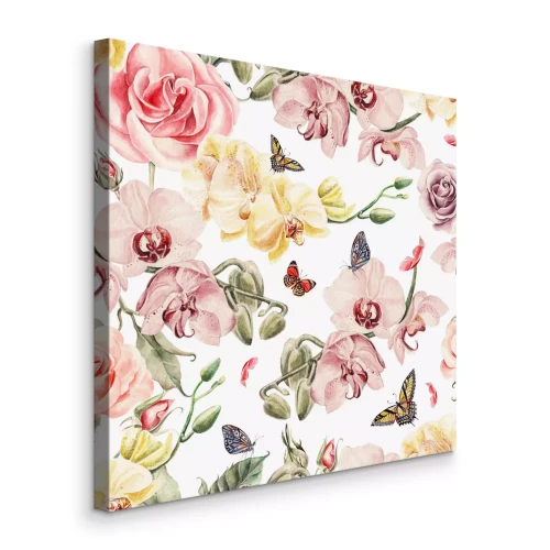 Tableau  Papillons parmi des fleurs pastel sur fond blanc