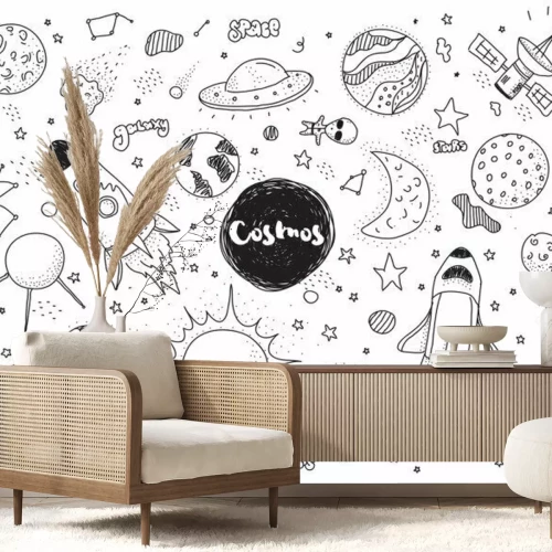 Papier peint  Symboles cosmiques en noir et blanc pour enfants