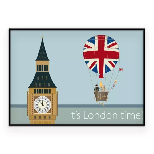 Poster  Big Ben et un ballon drapeau britannique dans un style cartoon