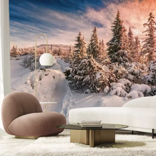 Papier peint  Hiver, Coucher soleil, Beskids, montagnes