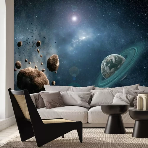 Papier peint  Astéroïdes et planète avec un anneau dans l'espace