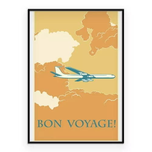 Poster  Inscription « Bon Voyage » et avion rétro parmi les nuages