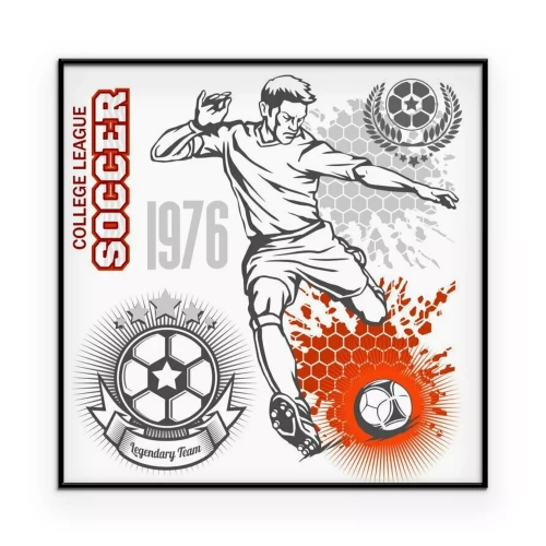 Poster  Graphismes avec un joueur de football, des emblèmes d'équipe et des slogans