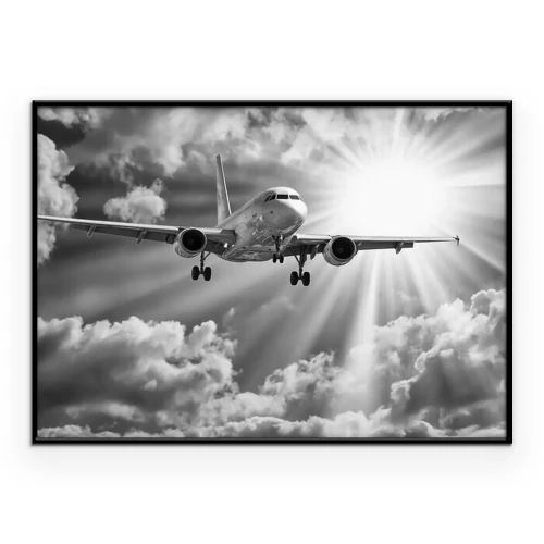 Poster  Un avion se détachant sur un ciel ensoleillé en noir et blanc