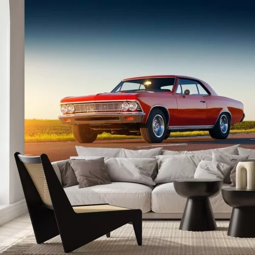 Papier peint  Une voiture rouge vintage sur la route