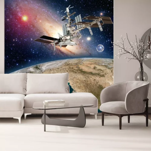 Papier peint  Vue de la Terre et d'un satellite depuis l'espace