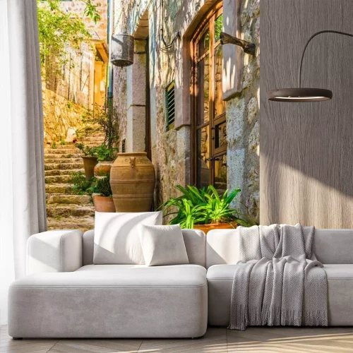 Papier peint  Rue rustique avec des pots de fleurs près des maisons