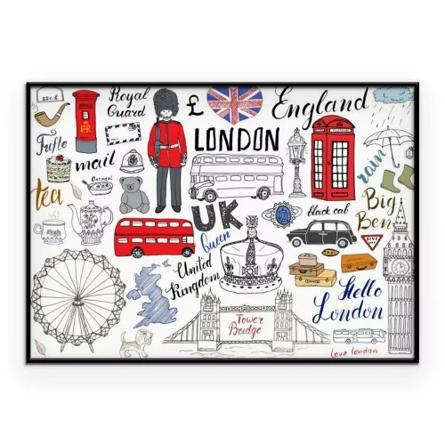 Poster  Londres, ville, doodles, éléments, collection. Main, tiré, ensemble, tour, pont, couronne, grand, ben, royal, garde, rouge, bus, noir, cabine, Royaume-Uni, carte, drapeau, thé, pot