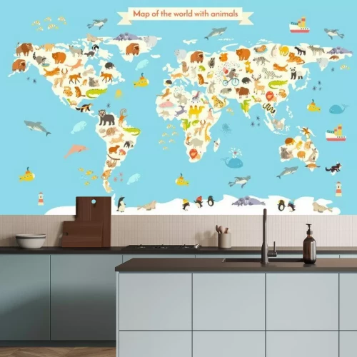 Papier peint  Animaux sur une carte du monde pour enfants