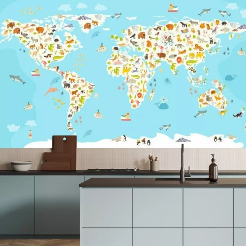 Papier peint  Carte du monde colorée avec des animaux pour enfants