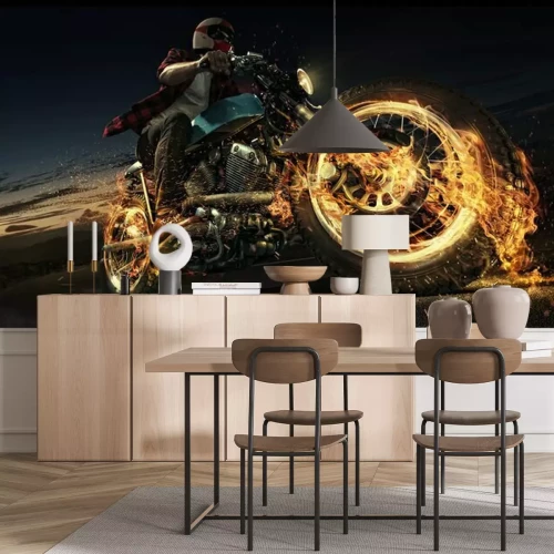 Papier peint  L'homme monte sa moto en bas de la route. Flamme et feu