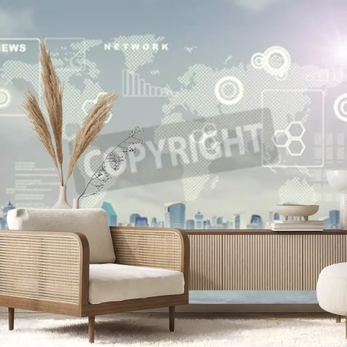 Papier peint  Résumé fond virtuel avec paysage urbain, carte du monde et graphiques