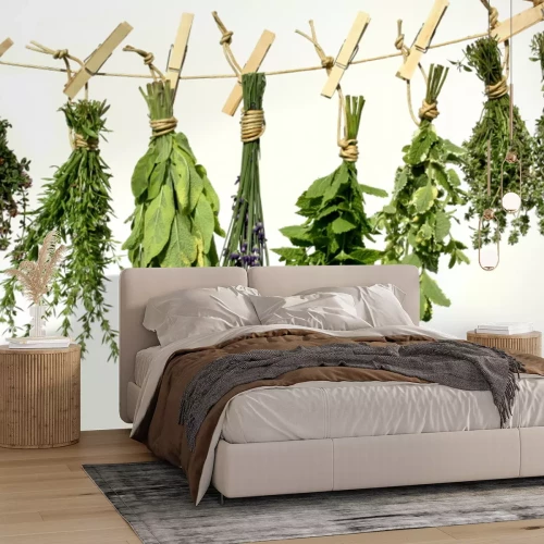 Papier peint  Herbes sur une corde avec des pinces