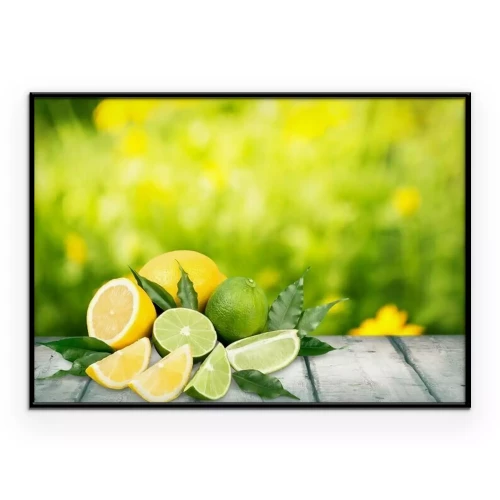 Poster  Citrons verts et citrons jaunes étalés sur une table en bois