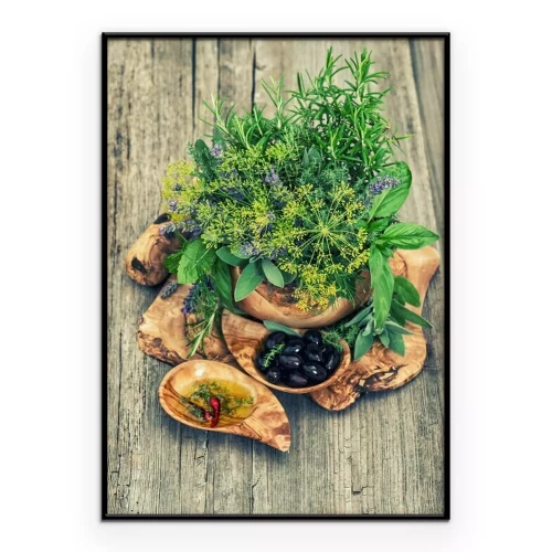 Poster  Un plateau à base de bois rempli d'herbes fraîches