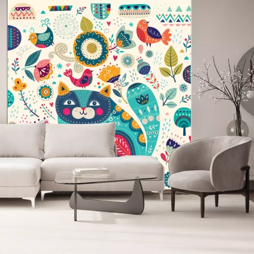 Papier peint  Vecteur, coloré, Illustration, beau, chat, papillons, oiseaux, fleurs