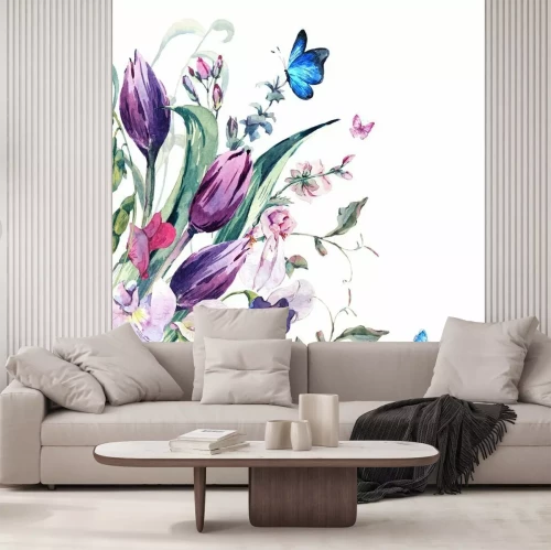 Papier peint  Fleurs colorées à l'aquarelle et papillons bleus