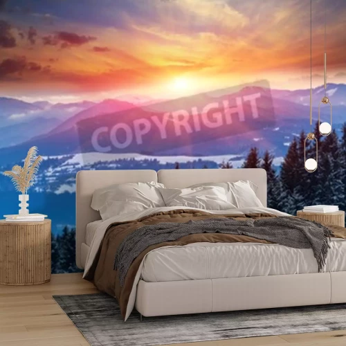 Papier peint  Paysage d'hiver au coucher du soleil