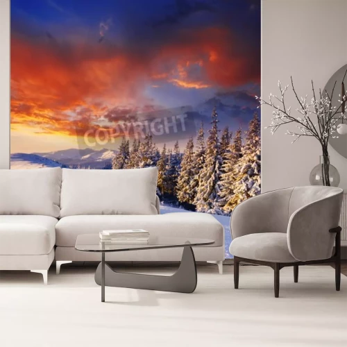 Papier peint  Lever de soleil rouge en hiver