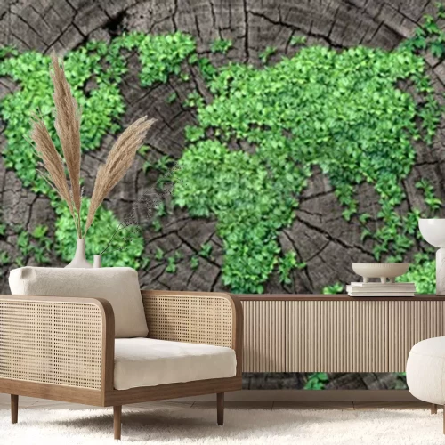 Papier peint  Global propagation concept et le développement comme un concept d'entreprise avec une carte du monde fait d'un groupe organisé de feuilles persistantes de vigne croissant sur un tronc d'arbre mort com