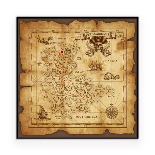 Poster  Carte de pirate avec une rose des vents menant au trésor