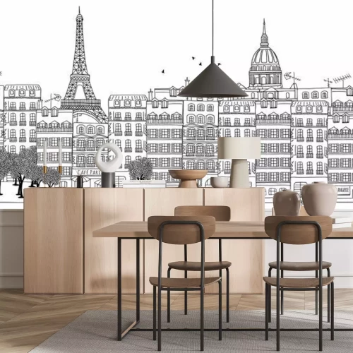 Sticker  Seamless, bannière, Paris, Horizon, main, dessiné, noir, blanc, Illustration