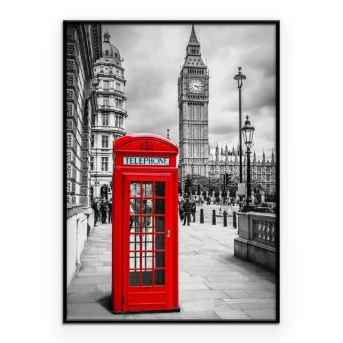 Poster  Une cabine téléphonique rouge sur fond noir et blanc de Londres