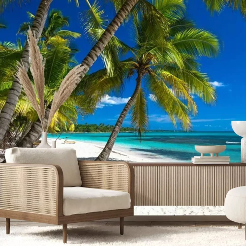 Papier peint  Palmiers et chaises longues sur la plage tropicale