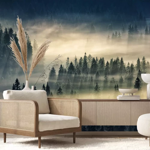 Papier peint  Arbres noirs enveloppés d'une brume jaunâtre